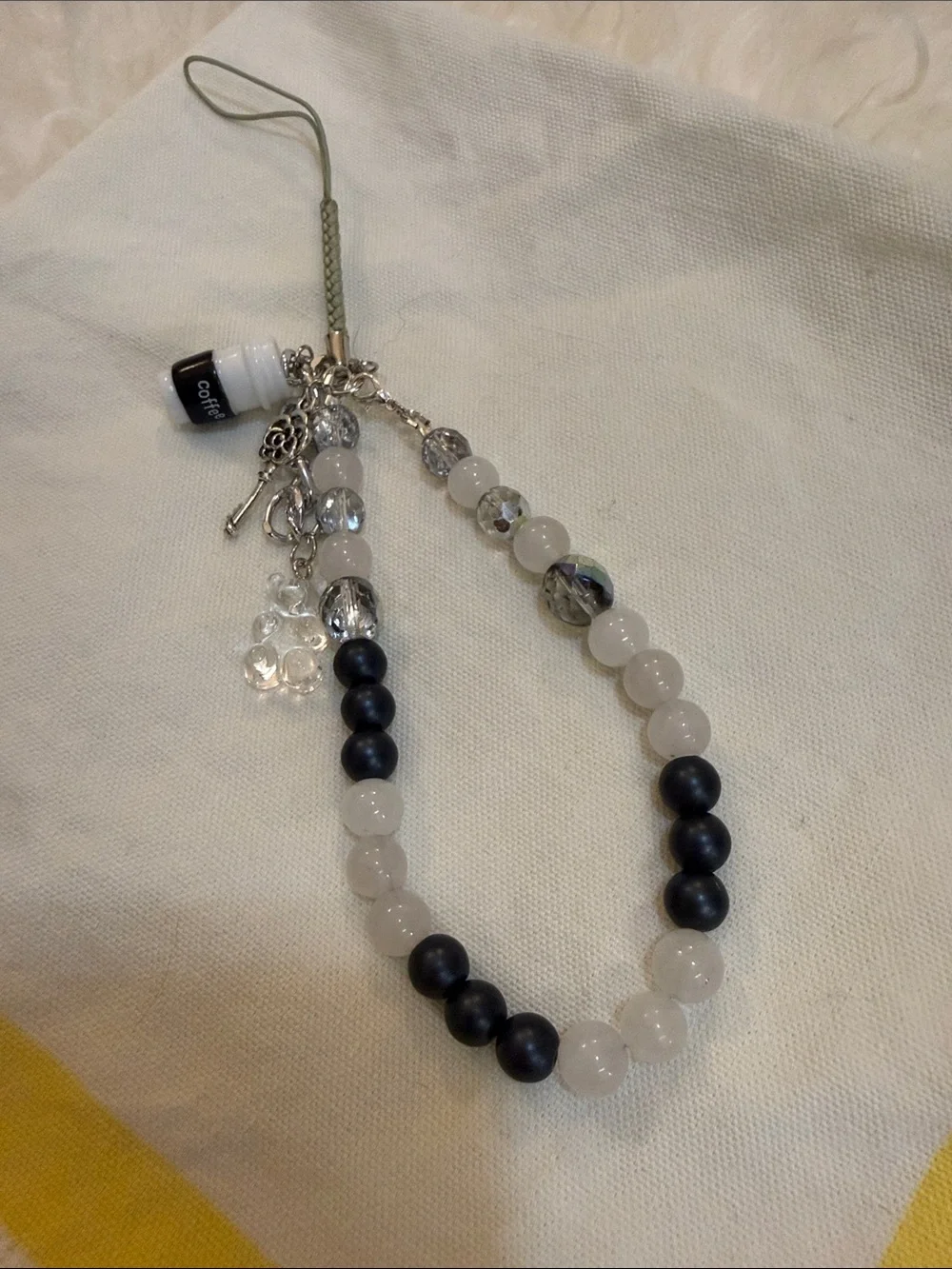 Beaded Phone Charm Strap in White and Black